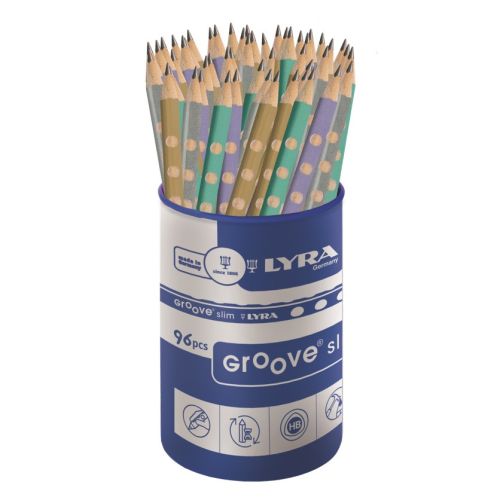 Моливи без гума LYRA Groove Slim Metallic, триъгълно тяло, HB, 96 бр. в чашка — Joya.bg