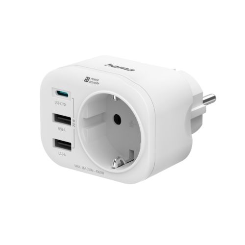 Мултипортов контакт HAMA, 4 гнезда, защита от пренапрежение,USB-C, 2xUSB-A, шуко, бял — Joya.bg 1