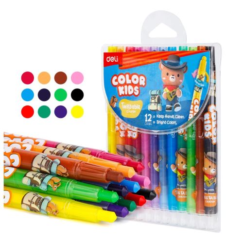 Пастели пластик Deli Color Kids EC223-12, въртящ механизъм, ф10 мм, 165 мм, 12 цвята, в PVC опаковка — Joya.bg 1
