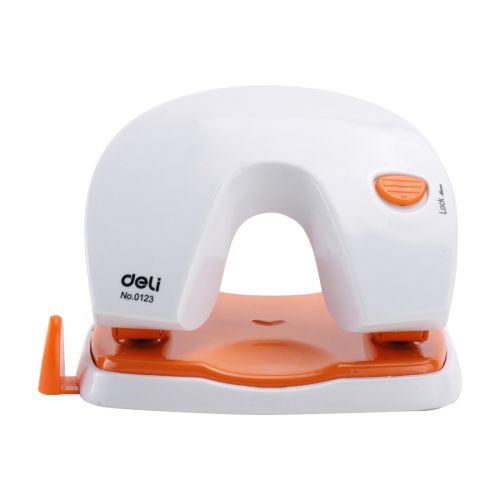 Перфоратор Deli Vivid, E0123, за 20 л.(80 г), с ограничител, пластмаса + метал, бял/оранжев 1