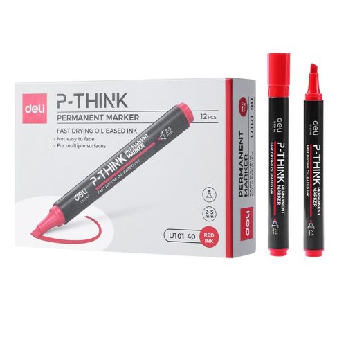 Перманентен маркер Deli think EU10140, скосен връх 1.5-5 мм, червен 1