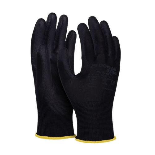 Предпазни ръкавици DONAU Safety, полиестер, PU покритие, черни, размер 8 (M) — Joya.bg 1