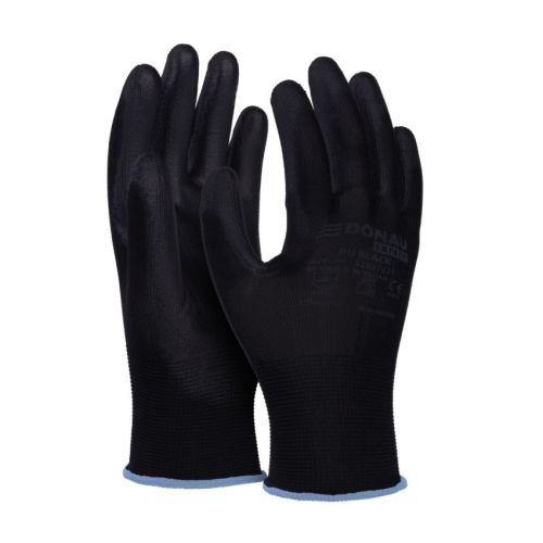 Предпазни ръкавици DONAU Safety, полиестер, PU покритие, черни, размер 9 (L) — Joya.bg 1
