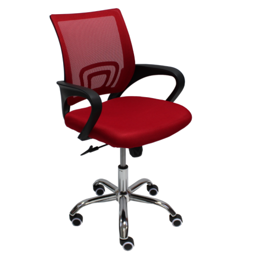 Работен стол Lori Black Chrome, мрежа и дамаска, база хром, черни фиксирани подлакътници, червен 1