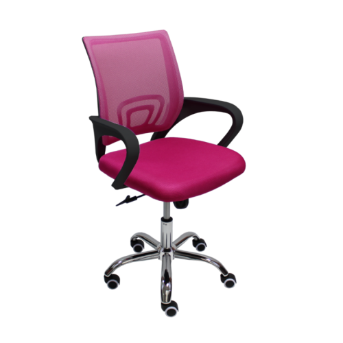 Работен стол Lori Black Chrome, мрежа и дамаска, база хром, черни фиксирани подлакътници, магента 1