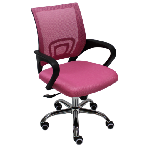 Работен стол Lori Black Chrome, мрежа и дамаска, база хром, черни фиксирани подлакътници, розов 1