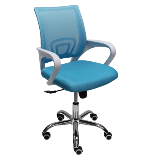 Работен стол Lori White Chrome, мрежа и дамаска, база хром, бели фиксирани подлакътници, аква 1