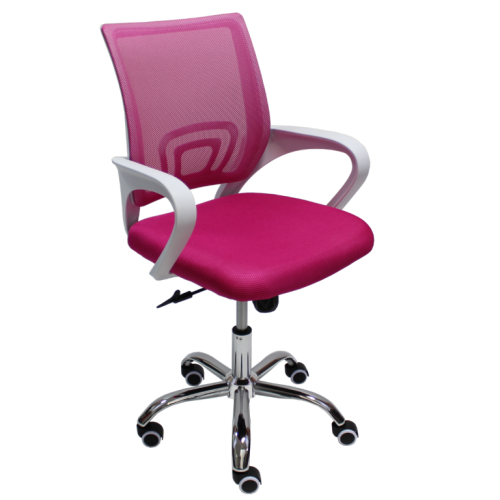 Работен стол Lori White Chrome, мрежа и дамаска, база хром, бели фиксирани подлакътници, магента 1