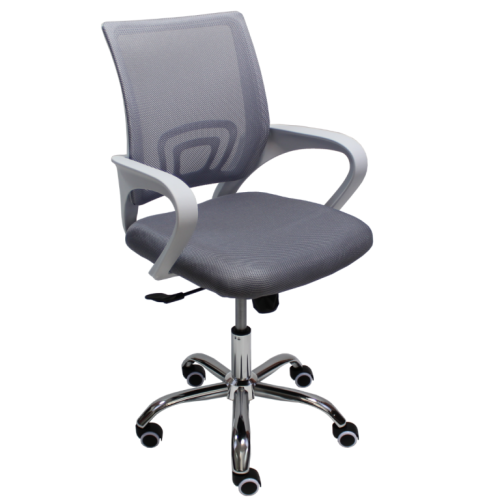 Работен стол Lori White Chrome, мрежа и дамаска, база хром, бели фиксирани подлакътници, сив 1