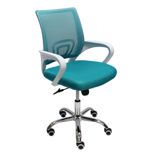 Работен стол Lori White Chrome, мрежа и дамаска, база хром, бели фиксирани подлакътници, тюркоаз 1
