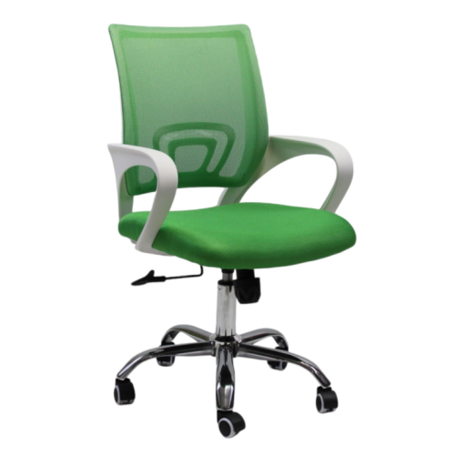 Работен стол Lori White Chrome, мрежа и дамаска, база хром, бели фиксирани подлакътници, зелен 1