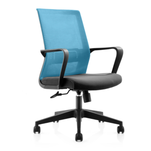 Работен стол TORO, мрежа и дамаска, черна PP база, черни фиксирани подлакътници, светлосин 1