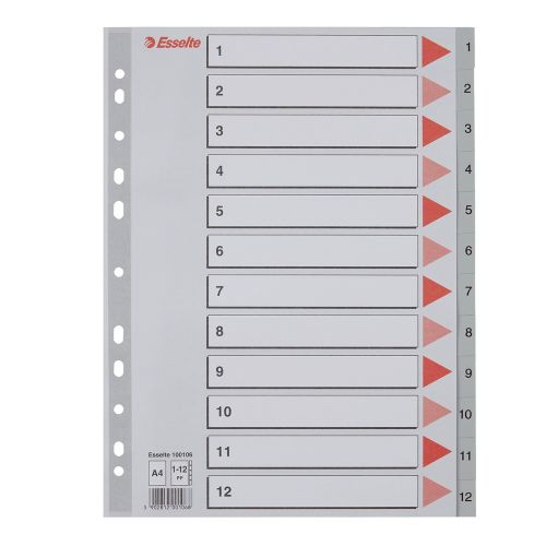 Разделител Esselte, 1-12, PP 120 mic, A4, сив, подсилена европерфорация, лицева страница — Joya.bg 1