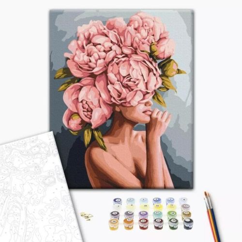 Рисуване по номера BrushMe, с подрамка, A TOUCH OF PEONIES/Жена с божури, 40x50 см — Joya.bg 1