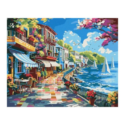 Рисуване по номера IDEYKA, с подрамка, A TOWN BY THE OCEAN/Град край океана, 40х50 см — Joya.bg 1