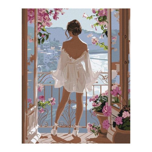 Рисуване по номера IDEYKA, с подрамка, INCREDIBLE LANDSCAPE/Жена на балкон, 40х50 см — Joya.bg 1