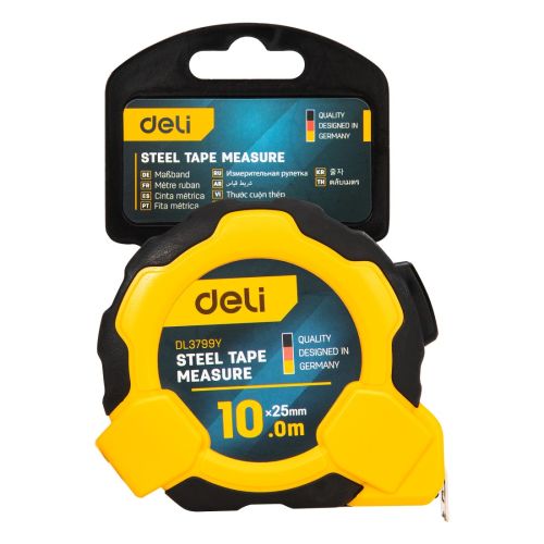 Ролетка Deli TOOLS EDL3799Y кръгла, с гумен грип, 10 м х 25 мм, жълточерна — Joya.bg 3