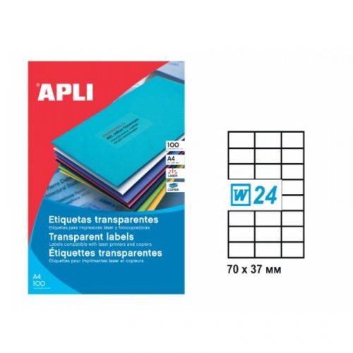 Самозалепващи етикети APLI Laser 01224 , прозрачни полиестерни, А4, 70х37 мм, 24 бр./л., 20л. — Joya.bg