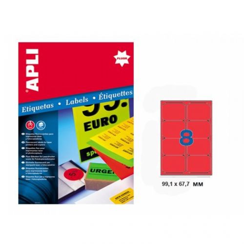 Самозалепващи етикети APLI Laser/Copier/Inkjet 2876, червен неон , А4, 99.1х67.7 мм, 8 бр./л., 20 л. — Joya.bg