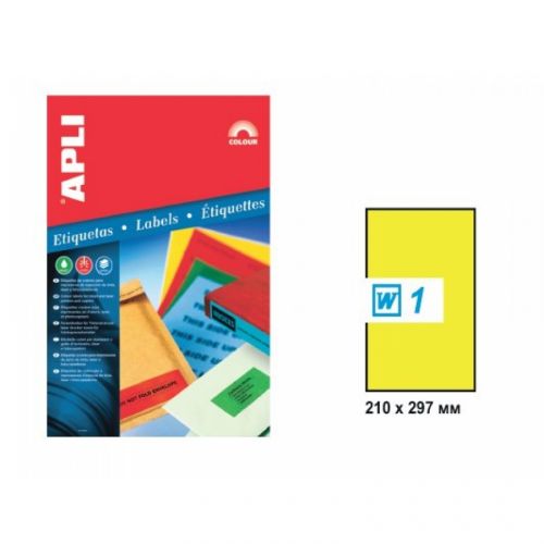 Самозалепващи етикети APLI Laser/Copier/Inkjet 2878 , жълт неон, А4, 210х297 мм, 1 бр./л., 20 л. — Joya.bg