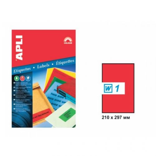 Самозалепващи етикети APLI Laser/Copier/Inkjet 2880, червен неон, А4, 210х297 мм, 1 бр./л., 20 л. — Joya.bg