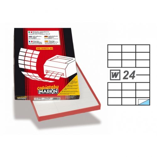 Самозалепващи етикети MARKIN Laser/Copier/Inkjet, бели, А4, 70х37 мм, 24 бр./л., 100 л. — Joya.bg