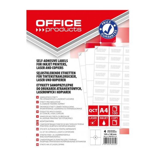 Самозалепващи етикети OFFICE PRODUCTS Laser/Copier/Inkjet, бели, А4, 105х148 мм, 4 бр./л.,100 л. — Joya.bg