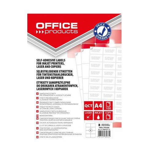 Самозалепващи етикети OFFICE PRODUCTS Laser/Copier/Inkjet, бели, А4, 105х74 мм, 8 бр./л., 100 л. — Joya.bg