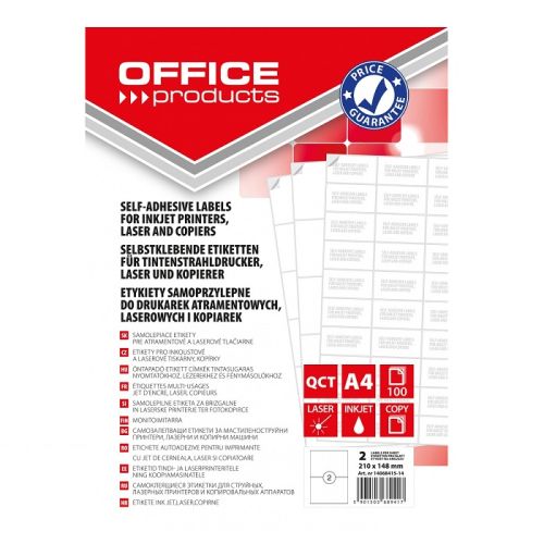 Самозалепващи етикети OFFICE PRODUCTS Laser/Copier/Inkjet, бели, А4, 210х148 мм, 2 бр./л.,100 л. — Joya.bg