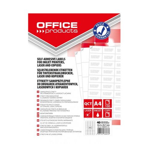 Самозалепващи етикети OFFICE PRODUCTS Laser/Copier/Inkjet, бели, А4, 52.5х29.7 мм, 40 бр./л., 100 л. — Joya.bg