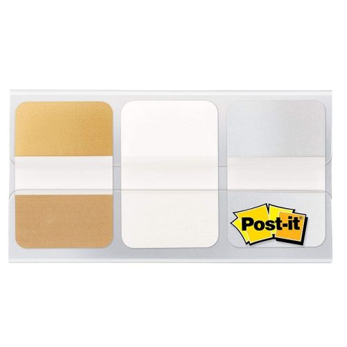 Самозалепващи индекси Post-it Tabs Metal, твърди, PVC, 25.4х38 мм, 3х12 л., сребристи/златисти/бели — Joya.bg 1