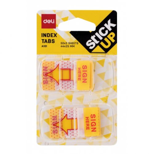 Самозалепващи индекси с диспенсър Deli Stick Up &quot;Подпиши тук&quot; EA10101, PVC, 44x25 мм, 2х50 л., жълти — Joya.bg