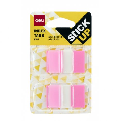 Самозалепващи индекси с диспенсър Deli Stick Up EA10001, PVC, 25х44 мм, 2х50 л., неоново розови — Joya.bg 1