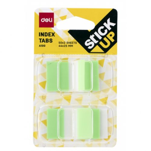 Самозалепващи индекси с диспенсър Deli Stick Up EA10001, PVC, 25х44 мм, 2х50 л., неоново зелени — Joya.bg