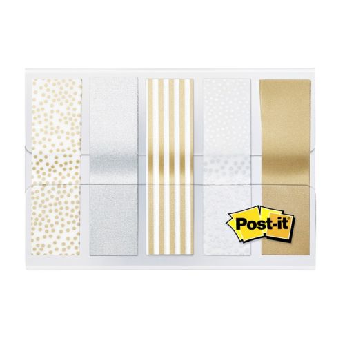 Самозалепващи индекси с печат Post-it Gold Metallic, PVC, 11.9х43.2 мм, 4х25 л., сребристи/златисти — Joya.bg 1