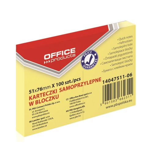 Самозалепващи листчета OFFICE PRODUCTS, 51х76 мм, 100 л., пастелно жълти — Joya.bg