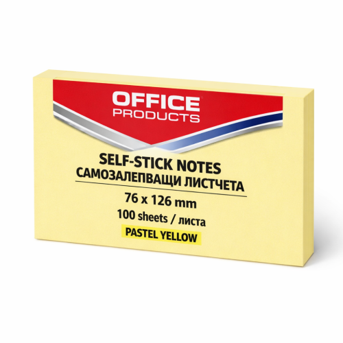 Самозалепващи листчета OFFICE PRODUCTS, 76х126 мм, 100 л., пастелно жълти