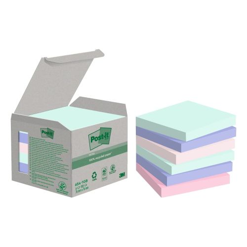 Самозалепващи листчета Post-it Recycled, 76x76 мм, 6х100 л., микс, пастелни, PEFC хартия 2