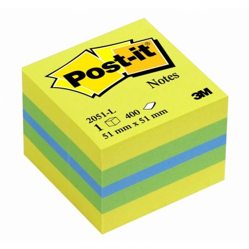 Самозалепващо мини кубче Post-it Assorted, 51х51 мм, 400 л., микс 3 цвята, неоново, PEFC хартия — Joya.bg