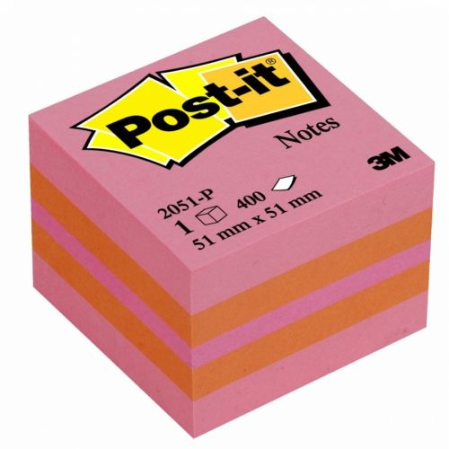 Самозалепващо мини кубче Post-it Pink, 51х51 мм, 400 л., микс 3 цвята, неоново, PEFC хартия — Joya.bg