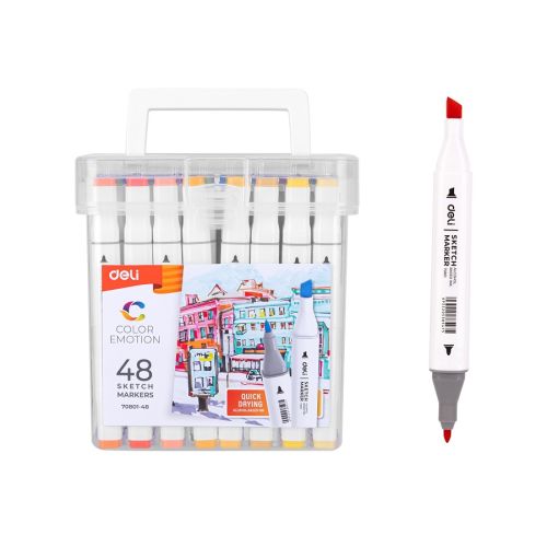Sketch маркери Deli Color Emotion E70801-48, объл връх 1 мм, скосен връх 7 мм, 48 цвята — Joya.bg 1