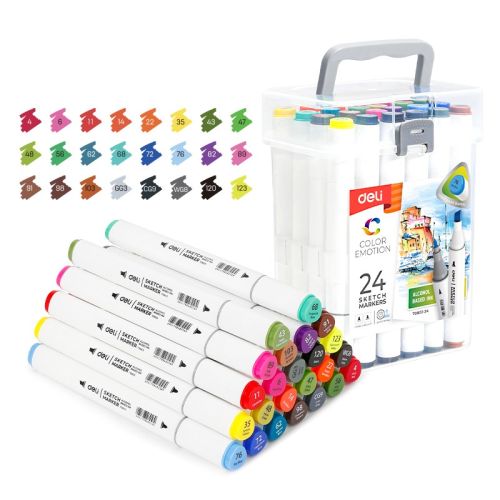 Sketch маркери Deli Color Emotion E70803-24, объл връх 1 мм, скосен връх 7 мм, 24 цвята — Joya.bg 1