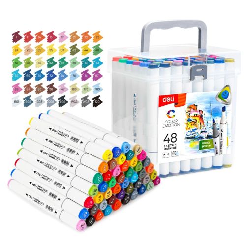 Sketch маркери Deli Color Emotion E70803-48, объл връх 1 мм, скосен връх 7 мм, 48 цвята — Joya.bg 1