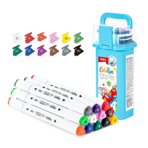 Sketch маркери Deli ColoRun EC187-12, объл връх 1 мм, скосен връх 5 мм, 12 цвята — Joya.bg 1