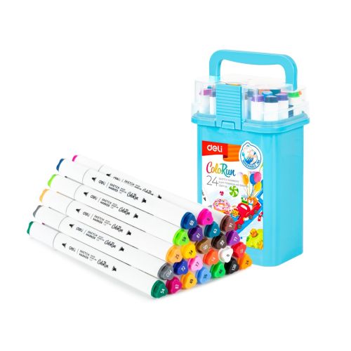 Sketch маркери Deli ColoRun EC187-24, объл връх 1 мм, скосен връх 5 мм, 24 цвята — Joya.bg 1