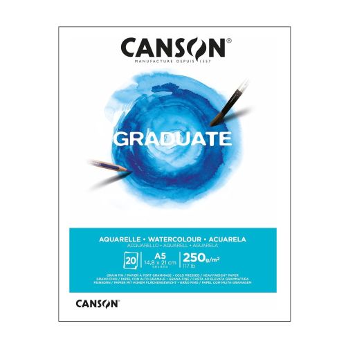 Скицник CANSON GRADUATE Aquarelle, за акварелни бои, A5, 250 г/кв.м, cold pressed, 20 л. 1