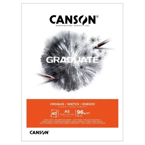Скицник CANSON GRADUATE Croquis, за моливи и въглен, A5, 96 г/кв.м, light grain, 40 л. 1