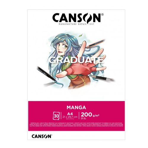 Скицник CANSON GRADUATE Manga, за тънкописци, маркери, акварел, A4, 200 г/кв.м, smooth, 30 л. 1