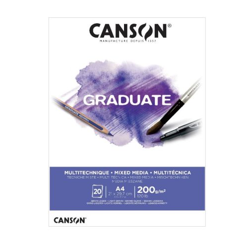 Скицник CANSON GRADUATE Mixed Media, за акварел, моливи, маркери, A4, 200 г/кв.м, light grain, 20 л. 1