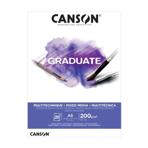 Скицник CANSON GRADUATE Mixed Media, за акварел, моливи, маркери, A5, 200 г/кв.м, light grain, 20 л. 1
